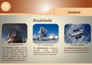 UniversoUniverso
Atualidade
Os telescópios óticos potentes,
sensíveis a radiação vísivel emitida
por corpos celestes e colocados no
alto de montanhas, longe da
poluição luminosa das cidades,
tem contribuido muito para o
desenvolvimento da astronomia.
VLT – telescópio ótico.
Os radiotelescópios conseguem
visualizar corpos celestes
longínquos que emitem ondas de
radio, como pulsares e quasares.
Os telescopios espaciais permitem
observar os corpos celestes fora da
turbulência da atmosfera terrestre.
VLA – radiotelescópio. Telescópio espacial.
 
