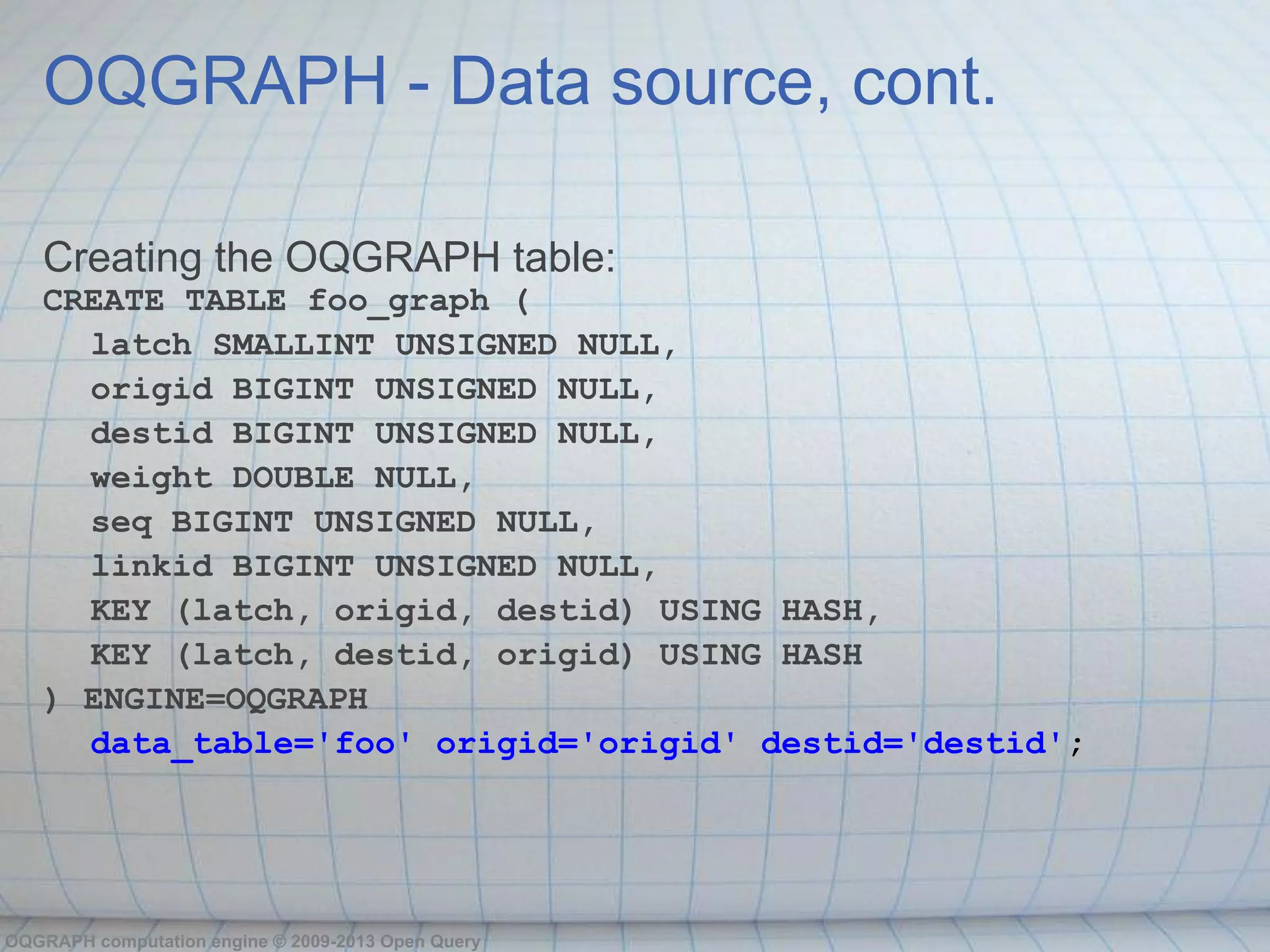 OQGRAPH - Data source, cont.

   Creating the OQGRAPH table:
   CREATE TABLE foo_graph (
     latch SMALLINT UNSIGNED NULL,
     origid BIGINT UNSIGNED NULL,
     destid BIGINT UNSIGNED NULL,
     weight DOUBLE NULL,
     seq BIGINT UNSIGNED NULL,
     linkid BIGINT UNSIGNED NULL,
     KEY (latch, origid, destid) USING HASH,
     KEY (latch, destid, origid) USING HASH
   ) ENGINE=OQGRAPH
     data_table='foo' origid='origid' destid='destid';




OQGRAPH computation engine © 2009-2013 Open Query
 