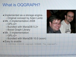 What is OQGRAPH?

    ● Implemented as a storage engine.
       ○ Original concept by Arjen Lentz
    ● Mk. 2 implementation 2008
       ○ GPLv2+
       ○ Bundled with MariaDB 5.2+
       ○ Boost Graph Library
    ● Mk. 3 implementation
       ○ GPLv2+
       ○ Bundled with MariaDB 10.0 (soon)
    ● Easy to enable
         ○ INSTALL PLUGIN oqgraph SONAME ‘ha_oqgraph’;




OQGRAPH computation engine © 2009-2013 Open Query
 