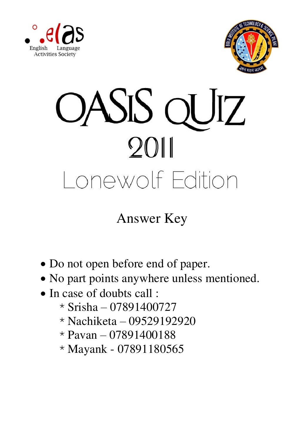 Oasis Quiz Lonewolf Edition 2011 Answer Key