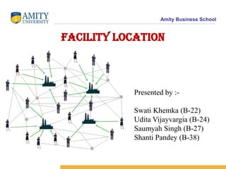 Amity Business School
Facility Location
Presented by :-
Swati Khemka (B-22)
Udita Vijayvargia (B-24)
Saumyah Singh (B-27)
Shanti Pandey (B-38)
 