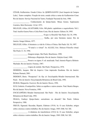 131

CÉSAR, Guilhermino. Estudo Crítico. In: QORPO-SANTO {José Joaquim de Campos
Leão}. Teatro completo. Fixação do texto, estudo crítico e notas de Guilhermino César.
Rio de Janeiro: Serviço Nacional de Teatro, Fundação Nacional de Arte, 1980.
_________________. Conhecimento de Qorpo-Santo. Minas Gerais; Suplemento
Literário, Belo Horizonte: 14 Jul. 1973.
DELEUZE, Gilles; GUATTARRI, Felix. Mil platôs: capitalismo e esquizofrenia. Vol.1.
Trad. Aurélio Guerra Neto e Celia Pinto Costa. Rio de Janeiro: Editora 34, 1995.
________________________________. O que é a filosofia? São Paulo: Ed. 34, 1996.
________________________________. Kafka, por uma literatura menor. Rio de
Janeiro: Imago Editora, 1977.
DELEUZE, Gilles. A literatura e a vida In: Crítica e Clínica. São Paulo: Ed. 34, 1997.
_______________. “O atual e o virtual”. In: ALLIEZ, Eric. Deleuze Filosofia virtual.
São Paulo: E. 34, 1996.
_______________. Imagem-tempo. São Paulo: Brasiliense, 1990.
_______________. Diferença e Repetição. Rio de Janeiro: Edições Graal, 1988.
_______________. Proust e os signos. 8. ed. atualizada. Trad. Antonio Piquet e Roberto
Machado. Rio de Janeiro: Forense, 1987.
_______________. Lógica do sentido. São Paulo: Perspectiva, 1974.
DERRIDA, Jacques. Mal de Arquivo: Uma impressão freudiana. Rio de Janeiro:
Relume Dumará, 2001.
DIDEROT, Denis. “Prospectus”: In: Op. cit. Enciclopédia Mirador Internacional. São
Paulo – Rio de Janeiro: Encyclopaedia Britannica do Brasil Ltda, 1992.
DURAS, Marguerite. Escrever. Rio de Janeiro: Rocco, 1994.
ECO, Umberto. O antiporfírio. Sobre os espelhos e outros ensaios. Trad. Beatriz Borges.
Rio de Janeiro: Nova Fronteira, 1989.
ENCICLOPÉDIA Mirador Internacional. São Paulo – Rio de Janeiro: Encyclopaedia
Britannica do Brasil Ltda, 1992.
FRAGA, Eudinyr. Qorpo-Santo: surrealismo ou absurdo? São Paulo: Editora
Perspectiva, 1988.
FREUD, Sigmund. Recordar, Repetir, Elaborar (1914). In: O caso Schreber, artigos
sobre a técnica e outros trabalhos. Rio de Janeiro: Imago, 1969. ESB, Vol. XII.
_______________. A dinâmica da transferência (1912) In: O caso Schreber, artigos
sobre a técnica e outros trabalhos. Rio de Janeiro: Imago, 1969. ESB, Vol. XII.
 