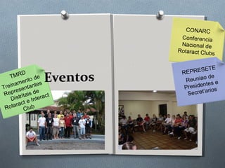 Eventos CONARC Conferencia Nacional de Rotaract Clubs REPRESETE Reuniao de Presidentes e Secret’arios TMRD  Treinamento de Representantes Distritais de Rotaract e Interact Club 