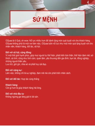 SỨ MỆNH
OQuaa là ô Quà, oh wow. Nỗ lực nhiều hơn để dành tặng món quà tuyệt vời cho khách hàng.
OQuaa không phải là một nơi làm việc, OQuaa luôn nỗ lực như một món quà tặng tuyệt vời cho
nhân viên, khách hàng, đối tác, xã hội.
Đối với xã hội, cộng đồng:
Vì một thế giới hạnh phúc, giúp mọi người tự thể hiện, phát triển bản thân, thể hiện đam mê, sở
thích, cá tính; cũng như tình cảm, quan tâm, yêu thương đến gia đình, bạn bè, đồng nghiệp,
những người thân yêu.
Lưu trữ, giữ gìn, chia sẻ và phát huy cái đẹp.
Đối với cộng sự:
Làm việc, không chỉ là sự nghiệp, đam mê mà còn phát triển nhân cách.
Đối với đối tác: Hợp tác cùng thắng
Khách hàng:
Còn gì hơn là giúp khách hàng hài lòng.
Đối với nhà đầu tư
Không ngừng gia tăng giá trị tài sản.
4
 