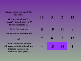 16 3 2 13
5 10 11 8
9 6 7 12
4 15 14 1
Durero criou este quadrado
em 1514.
O C de “cuadrado” -
“carré” - (quadrado) é a 3ª
letra do alfabeto e...
O D de Durero é a 4ª...
Unidos os dois números dão
34!
Como dado extra as duas
cifras centrais da última linha
formam o ano em que
realizou a obra (1514).
 