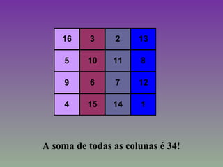 16 3 2 13
5 10 11 8
9 6 7 12
4 15 14 1
A soma de todas as colunas é 34!
 