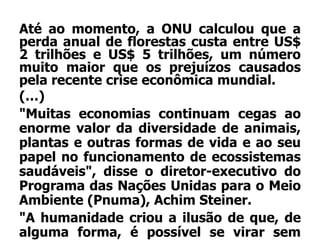 Até ao momento, a ONU calculou que a
perda anual de florestas custa entre US$
2 trilhões e US$ 5 trilhões, um número
muito maior que os prejuízos causados
pela recente crise econômica mundial.
(…)
"Muitas economias continuam cegas ao
enorme valor da diversidade de animais,
plantas e outras formas de vida e ao seu
papel no funcionamento de ecossistemas
saudáveis", disse o diretor-executivo do
Programa das Nações Unidas para o Meio
Ambiente (Pnuma), Achim Steiner.
"A humanidade criou a ilusão de que, de
alguma forma, é possível se virar sem

 