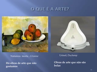 Obras de arte que não são
belas
Há obras de arte que não
gostamos
Urinol, DuchampNatureza morta , Cézanne
11
 
