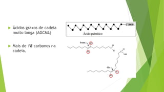  Ácidos graxos de cadeia
muito longa (AGCML)
 Mais de 18 carbonos na
cadeia.
 