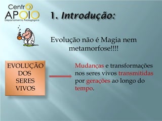 Evolução não é Magia nem
                metamorfose!!!!

EVOLUÇÃO         Mudanças e transformações
   DOS           nos seres vivos transmitidas
  SERES          por gerações ao longo do
  VIVOS          tempo.
 