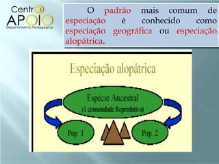 O padrão mais comum de
especiação   é    conhecido   como
especiação geográfica ou especiação
alopátrica.
 