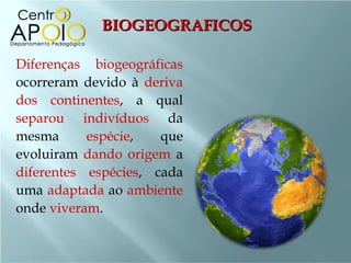 BIOGEOGRAFICOS

Diferenças biogeográficas
ocorreram devido à deriva
dos continentes, a qual
separou indivíduos da
mesma      espécie,   que
evoluiram dando origem a
diferentes espécies, cada
uma adaptada ao ambiente
onde viveram.
 