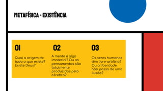 02 03
Qual a origem de
tudo o que existe?
Existe Deus?
Os seres humanos
têm livre-arbítrio?
Ou a liberdade
não passa de uma
ilusão?
A mente é algo
imaterial? Ou os
pensamentos são
totalmente
produzidos pelo
cérebro?
Metafísica-existência
01
 