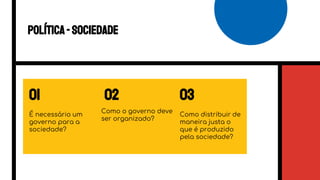 02 03
É necessário um
governo para a
sociedade?
Como distribuir de
maneira justa o
que é produzido
pela sociedade?
Como o governo deve
ser organizado?
Política-sociedade
01
 