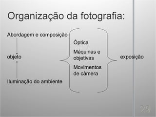 Abordagem e composição
                         Óptica
                         Máquinas e
objeto                   objetivas    exposição

                         Movimentos
                         de câmera
Iluminação do ambiente
 