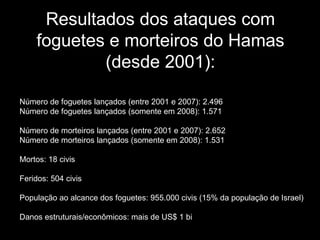 Resultados dos ataques com foguetes e morteiros do Hamas (desde 2001): Número de foguetes lançados (entre 2001 e 2007): 2.496 Número de foguetes lançados (somente em 2008): 1.571 Número de morteiros lançados (entre 2001 e 2007): 2.652 Número de morteiros lançados (somente em 2008): 1.531 Mortos: 18 civis Feridos: 504 civis População ao alcance dos foguetes: 955.000 civis (15% da população de Israel) Danos estruturais/econômicos: mais de US$ 1 bi 