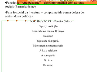 •Função de “Arte pela arte” – descomprometida com as lutas 
sociais (Parnasianismo) 
•Função social da literatura – comprometida com a defesa de 
certas ideias políticas. 
Ex. NÃO HÁ VAGAS (Ferreira Gullar) 
O preço do feijão 
Não cabe no poema. O preço 
Do arroz 
Não cabe no poema. 
Não cabem no poema o gás 
A luz o telefone 
A sonegação 
Do leite 
Da carne 
 