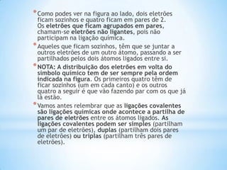 * Como podes ver na figura ao lado, dois eletrões

ficam sozinhos e quatro ficam em pares de 2.
Os eletrões que ficam agrupados em pares,
chamam-se eletrões não ligantes, pois não
participam na ligação química.
* Aqueles que ficam sozinhos, têm que se juntar a
outros eletrões de um outro átomo, passando a ser
partilhados pelos dois átomos ligados entre si.
* NOTA: A distribuição dos eletrões em volta do
símbolo químico tem de ser sempre pela ordem
indicada na figura. Os primeiros quatro têm de
ficar sozinhos (um em cada canto) e os outros
quatro a seguir é que vão fazendo par com os que já
lá estão.
* Vamos antes relembrar que as ligações covalentes
são ligações químicas onde acontece a partilha de
pares de eletrões entre os átomos ligados. As
ligações covalentes podem ser simples (partilham
um par de eletrões), duplas (partilham dois pares
de eletrões) ou triplas (partilham três pares de
eletrões).

 