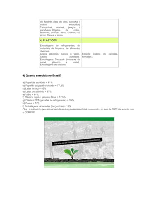 de flandres (lata de óleo, salsicha e
                outros                     enlatados)
                Tampinhas, arames, pregos e
                parafusos. Objetos      de     cobre,
                alumínio, bronze, ferro, chumbo ou
                zinco, Canos e tubos.

                4) PLÁSTICOS

                Embalagens de refrigerantes, de
                materiais de limpeza, de alimentos
                diversos.
                Copos plásticos. Canos e tubos.         Ebonite (cabos    de   panelas,
                Sacos                    plásticos.     tomadas).
                Embalagens Tetrapak (misturas de
                papel,     plástico    e    metal)
                Embalagens de biscoito



4) Quanto se recicla no Brasil?

a) Papel de escritório = 41%
b) Papelão ou papel ondulado = 77,3%
c) Latas de aço = 45%
d) Latas de alumínio = 87%
e) Vidro = 44%
f) Plástico rígido + plástico filme = 17,5%
g) Plástico PET (garrafas de refrigerante) = 35%
h) Pneus = 57%
i) Embalagens cartonadas (longa vida) = 15%
Obs.: o cálculo do percentual reciclado é equivalente ao total consumido, no ano de 2002, de acordo com
o CEMPRE
 