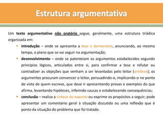 Um texto argumentativo não oratório segue, geralmente, uma estrutura triádica
organizada em:
     introdução – onde se apresenta a tese a demonstrar, anunciando, ao mesmo
       tempo, o plano que se vai seguir na argumentação;
     desenvolvimento – onde se patenteiam os argumentos estabelecidos segundo
       princípios lógicos, articulados entre si, para confirmar a tese e refutar ou
       contradizer as objeções que venham a ser levantadas pelo leitor (antítese); os
       argumentos procuram convencer o leitor, persuadindo-o, implicando-o no ponto
       de vista de quem escreve, que deve ir apresentando provas e exemplos do que
       afirma, levantando hipóteses, inferindo causas e estabelecendo consequências;
     conclusão – realiza a síntese do exposto ou exprime os propósitos a seguir; pode
       apresentar um comentário geral à situação discutida ou uma reflexão que é
       ponto da situação do problema que foi tratado.
 