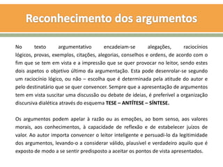 No       texto      argumentativo       encadeiam-se       alegações,     raciocínios
lógicos, provas, exemplos, citações, alegorias, conselhos e ordens, de acordo com o
fim que se tem em vista e a impressão que se quer provocar no leitor, sendo estes
dois aspetos o objetivo último da argumentação. Esta pode desenrolar-se segundo
um raciocínio lógico, ou não – escolha que é determinada pela atitude do autor e
pelo destinatário que se quer convencer. Sempre que a apresentação de argumentos
tem em vista suscitar uma discussão ou debate de ideias, é preferível a organização
discursiva dialética através do esquema TESE – ANTÍTESE – SÍNTESE.

Os argumentos podem apelar à razão ou as emoções, ao bom senso, aos valores
morais, aos conhecimentos, à capacidade de reflexão e de estabelecer juízos de
valor. Ao autor importa convencer o leitor inteligente e persuadi-lo da legitimidade
dos argumentos, levando-o a considerar válido, plausível e verdadeiro aquilo que é
exposto de modo a se sentir predisposto a aceitar os pontos de vista apresentados.
 