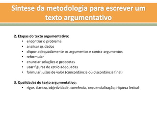 2. Etapas do texto argumentativo:
     • encontrar o problema
     • analisar os dados
     • dispor adequadamente os argumentos e contra-argumentos
     • reformular
     • enunciar soluções e propostas
     • usar figuras de estilo adequadas
     • formular juízos de valor (concordância ou discordância final)

3. Qualidades do texto argumentativo:
     • rigor, clareza, objetividade, coerência, sequencialização, riqueza lexical
 