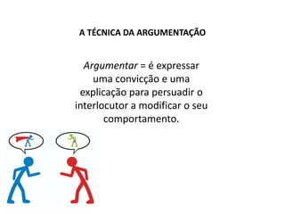 A TÉCNICA DA ARGUMENTAÇÃO


  Argumentar = é expressar
    uma convicção e uma
 explicação para persuadir o
interlocutor a modificar o seu
       comportamento.
 