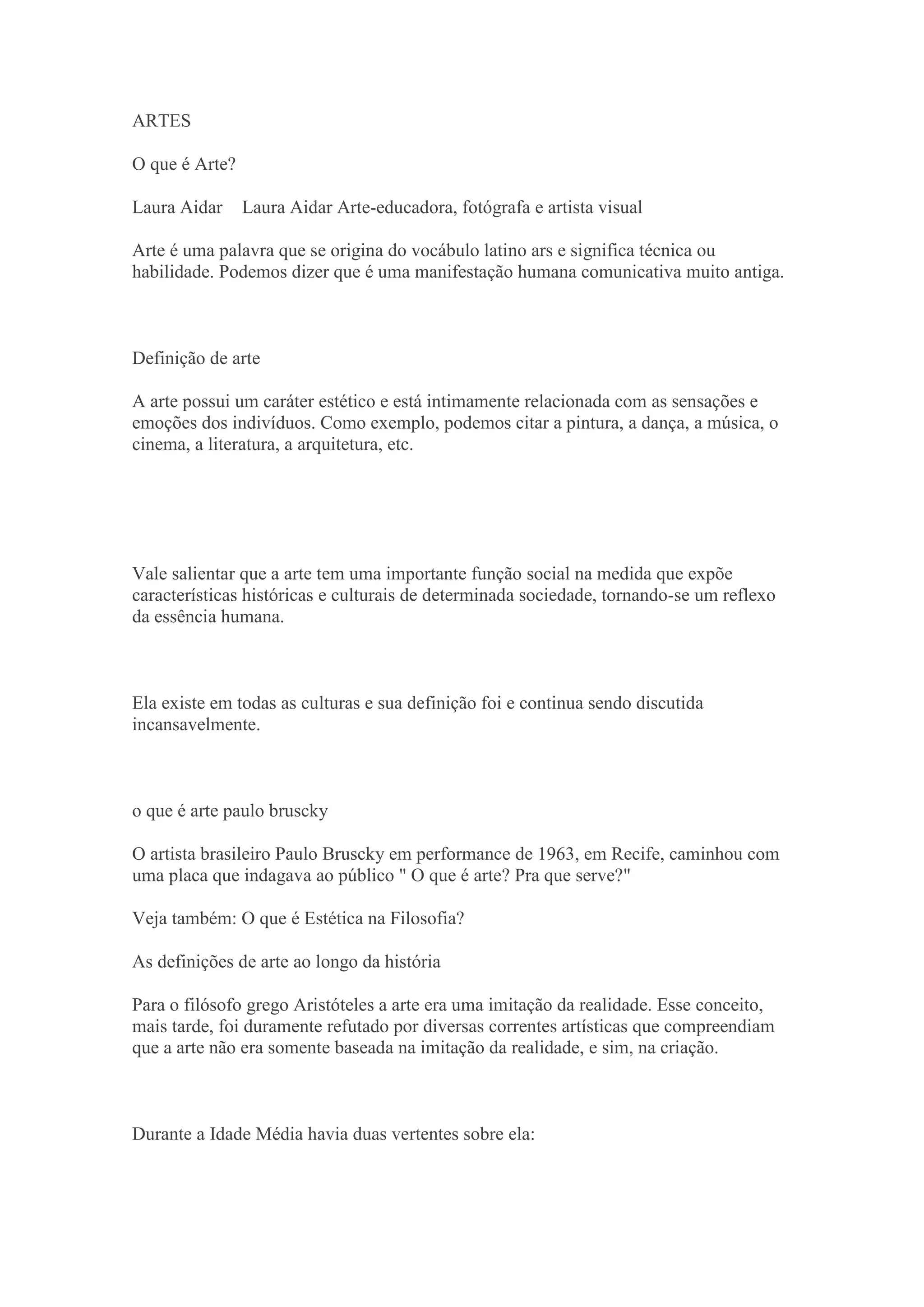 O que é arte. Definição de arte. História da arte. | PDF
