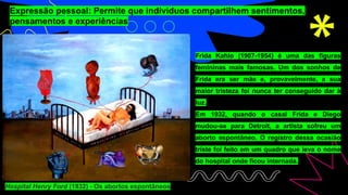 Expressão pessoal: Permite que indivíduos compartilhem sentimentos,
pensamentos e experiências
Frida Kahlo (1907-1954) é uma das figuras
femininas mais famosas. Um dos sonhos de
Frida era ser mãe e, provavelmente, a sua
maior tristeza foi nunca ter conseguido dar à
luz.
Em 1932, quando o casal Frida e Diego
mudou-se para Detroit, a artista sofreu um
aborto espontâneo. O registro dessa ocasião
triste foi feito em um quadro que leva o nome
do hospital onde ficou internada.
Hospital Henry Ford (1932) - Os abortos espontâneos
 