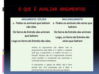 O QUE É AVALIAR ARGUMENTOS
        ARGUMENTO SÓLIDO                            MAU ARGUMENTO
 1 - Todos os animais que ladram         2 -Todos os animais são seres que
             são cães                                 ladram
 Os Serra da Estrela são animais           Os Serra da Estrela são animais
           que ladram                       Logo, os Serra da Estrela são
Logo os Serra da Estrela são cães.               seres que ladram

                 Ambos os argumentos são válidos mas se
                 perguntarmos qual deles é o melhor a resposta
                 será que o argumento 1 é melhor do que o 2.
                 Porquê? Porque não só é logicamente correcto
                 como também é constituído por premissas e
                 conclusão de facto verdadeiras.

                 O argumento 2, apesar de válido, não é bom
                 porque tem uma proposição que é falsa: a
                 premissa Todos os animais são seres que ladram.
 