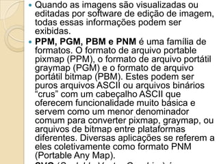  Quando as imagens são visualizadas ou
editadas por software de edição de imagem,
todas essas informações podem ser
exibidas.
 PPM, PGM, PBM e PNM é uma família de
formatos. O formato de arquivo portable
pixmap (PPM), o formato de arquivo portátil
graymap (PGM) e o formato de arquivo
portátil bitmap (PBM). Estes podem ser
puros arquivos ASCII ou arquivos binários
“crus” com um cabeçalho ASCII que
oferecem funcionalidade muito básica e
servem como um menor denominador
comum para converter pixmap, graymap, ou
arquivos de bitmap entre plataformas
diferentes. Diversas aplicações se referem a
eles coletivamente como formato PNM
(Portable Any Map).
 