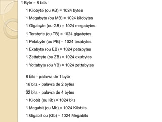 1 Byte = 8 bits
1 Kilobyte (ou KB) = 1024 bytes
1 Megabyte (ou MB) = 1024 kilobytes
1 Gigabyte (ou GB) = 1024 megabytes
1 Terabyte (ou TB) = 1024 gigabytes
1 Petabyte (ou PB) = 1024 terabytes
1 Exabyte (ou EB) = 1024 petabytes
1 Zettabyte (ou ZB) = 1024 exabytes
1 Yottabyte (ou YB) = 1024 zettabytes
8 bits - palavra de 1 byte
16 bits - palavra de 2 bytes
32 bits - palavra de 4 bytes
1 Kilobit (ou Kb) = 1024 bits
1 Megabit (ou Mb) = 1024 Kilobits
1 Gigabit ou (Gb) = 1024 Megabits
 
