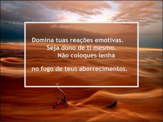 Domina tuas reações emotivas.
    Seja dono de ti mesmo.
        Não coloques lenha

no fogo de teus aborrecimentos.
 