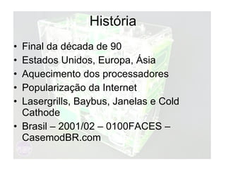 História Final da década de 90 Estados Unidos, Europa, Ásia Aquecimento dos processadores Popularização da Internet Lasergrills, Baybus, Janelas e Cold Cathode Brasil – 2001/02 – 0100FACES – CasemodBR.com 