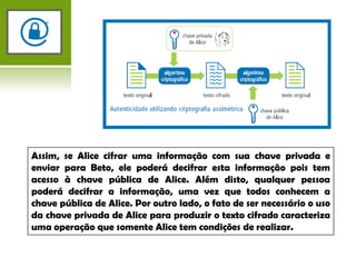 Assim, se Alice cifrar uma informação com sua chave privada e enviar para Beto, ele poderá decifrar esta informação pois tem acesso à chave pública de Alice. Além disto, qualquer pessoa poderá decifrar a informação, uma vez que todos conhecem a chave pública de Alice. Por outro lado, o fato de ser necessário o uso da chave privada de Alice para produzir o texto cifrado caracteriza uma operação que somente Alice tem condições de realizar.