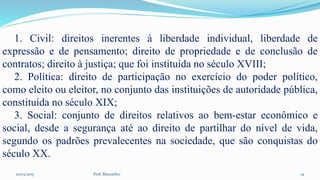 10/03/2015 Prof. Manoelito 14
1. Civil: direitos inerentes à liberdade individual, liberdade de
expressão e de pensamento; direito de propriedade e de conclusão de
contratos; direito à justiça; que foi instituída no século XVIII;
2. Política: direito de participação no exercício do poder político,
como eleito ou eleitor, no conjunto das instituições de autoridade pública,
constituída no século XIX;
3. Social: conjunto de direitos relativos ao bem-estar econômico e
social, desde a segurança até ao direito de partilhar do nível de vida,
segundo os padrões prevalecentes na sociedade, que são conquistas do
século XX.
 