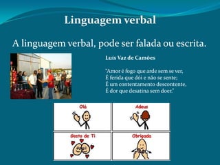 Linguagem verbal
A linguagem verbal, pode ser falada ou escrita.
Luís Vaz de Camões

“Amor é fogo que arde sem se ver,
É ferida que dói e não se sente;
É um contentamento descontente,
É dor que desatina sem doer.”

 