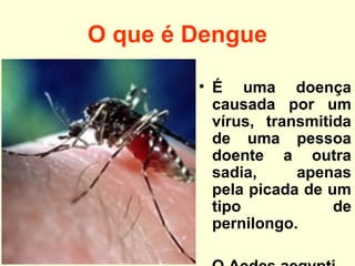 • É uma doença
causada por um
vírus, transmitida
de uma pessoa
doente a outra
sadia, apenas
pela picada de um
tipo de
pernilongo.
O que é Dengue
 