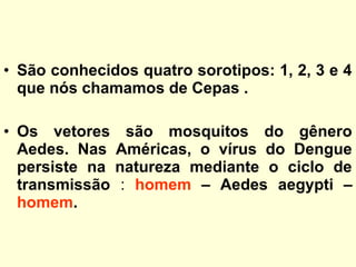 • São conhecidos quatro sorotipos: 1, 2, 3 e 4
que nós chamamos de Cepas .
• Os vetores são mosquitos do gênero
Aedes. Nas Américas, o vírus do Dengue
persiste na natureza mediante o ciclo de
transmissão : homem – Aedes aegypti –
homem.
 