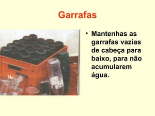 Garrafas
• Mantenhas as
garrafas vazias
de cabeça para
baixo, para não
acumularem
água.
 