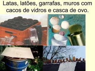 Latas, latões, garrafas, muros com
cacos de vidros e casca de ovo.
 