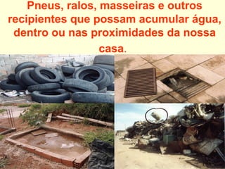 Pneus, ralos, masseiras e outros
recipientes que possam acumular água,
dentro ou nas proximidades da nossa
casa.
 