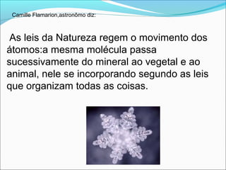 As leis da Natureza regem o movimento dos
átomos:a mesma molécula passa
sucessivamente do mineral ao vegetal e ao
animal, nele se incorporando segundo as leis
que organizam todas as coisas.
Camille Flamarion,astronômo diz:
 