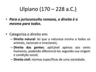 Ulpiano (170 – 228 a.C.)
• Para o jurisconsulto romano, o direito é o
mesmo para todos.
• Categoriza o direito em:
– Direito natural: lei que a natureza ensina a todos os
animais, racionais e irracionais;
– Direito das gentes: aplicável apenas aos seres
humanos, podendo diferenciá-los segundo sua origem
e condição social;
– Direito civil: normas específicas de uma sociedade.
 