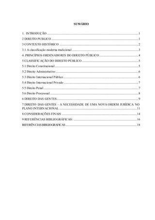 SUMÁRIO
1. INTRODUÇÃO .....................................................................................................................1
2 DIREITO PUBLICO ...............................................................................................................1
3 CONTEXTO HISTÓRICO .....................................................................................................2
3.1 A classificação moderna tradicional.....................................................................................3
4. PRINCÍPIOS ORDENADORES DO DIREITO PÚBLICO..................................................4
5 CLASSIFICAÇÃO DO DIREITO PÚBLICO ........................................................................5
5.1 Direito Constitucional...........................................................................................................5
5.2 Direito Administrativo..........................................................................................................6
5.3 Direito Internacional Público................................................................................................6
5.4 Direito Internacional Privado ...............................................................................................7
5.5 Direito Penal .........................................................................................................................7
5.6 Direito Processual.................................................................................................................8
6 DIREITO DAS GENTES ........................................................................................................9
7 DIREITO DAS GENTES – A NECESSIDADE DE UMA NOVA ORDEM JURÍDICA NO
PLANO INTERNACIONAL ...................................................................................................11
8 CONSIDERAÇÕES FINAIS ................................................................................................14
9 REFERÊNCIAS BIBLIOGRÁFICAS: .................................................................................16
REFERÊN CIASBIBLIOGRAFICAS ...........................................................................................18
 