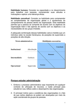 4
Habilidade humana: Consiste na capacidade e no discernimento
para trabalhar com pessoas, compreender suas atitudes e
motivações e aplicar uma liderança eficaz.
Habilidade conceitual: Consiste na habilidade para compreender
as complexidades da organização global e o ajustamento do
comportamento da pessoa dentro da organização. Esta habilidade
permite que a pessoa se comporte de acordo com os objetivos da
organização total e não apenas de acordo com os objetivos e as
necessidades de seu grupo imediato.
A adequada combinação dessas habilidades varia à medida que um
indivíduo sobe na escala hierárquica, de posições de supervisão a
posições de alta direção.
Níveis administrativos Habilidades necessárias
Institucional Alta direção
Intermediário Gerência
Operacional Supervisão
Porque estudar administração
1. Embora o processo administrativo seja importante em qualquer
contexto de utilização de recursos, a razão principal para
estudá-la é seu reflexo sobre o desempenho das organizações.
2. O principal motivo para a existência das organizações é o fato
de que certos objetivos só podem ser alcançados por meio da
ação coordenada de grupos de pessoas.
Conceituais
Humanas
Técnicas
 
