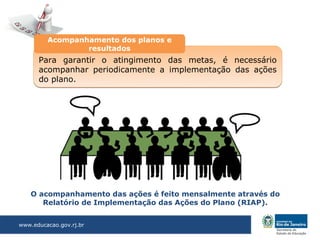 Acompanhamento dos planos e
                 resultados
      Para garantir o atingimento das metas, é necessário
      acompanhar periodicamente a implementação das ações
      do plano.




    O acompanhamento das ações é feito mensalmente através do
       Relatório de Implementação das Ações do Plano (RIAP).


www.educacao.gov.rj.br
 