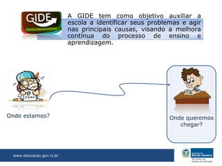 A GIDE tem como objetivo auxiliar a
                          escola a identificar seus problemas e agir
                          nas principais causas, visando a melhora
                          contínua do processo de ensino e
                          aprendizagem.




Onde estamos?                                             Onde queremos
                                                             chegar?




 www.educacao.gov.rj.br
 