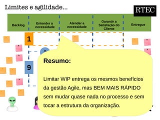 Backlog
Entender a
necessidade
EntregueAtender a
necessidade
Garantir a
Satisfação do
Cliente
RTEC
1
2
9
Limites e agilidade...
Resumo:
Limitar WIP entrega os mesmos benefícios
da gestão Agile, mas BEM MAIS RÁPIDO
sem mudar quase nada no processo e sem
tocar a estrutura da organização.
 