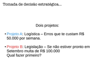 Tomada de decisão estratégica...
Dois projetos:
● Projeto A: Logística – Erros que te custam R$
50.000 por semana.
● Projeto B: Legislação – Se não estiver pronto em
Setembro multa de R$ 100.000
Qual fazer primeiro?
 
